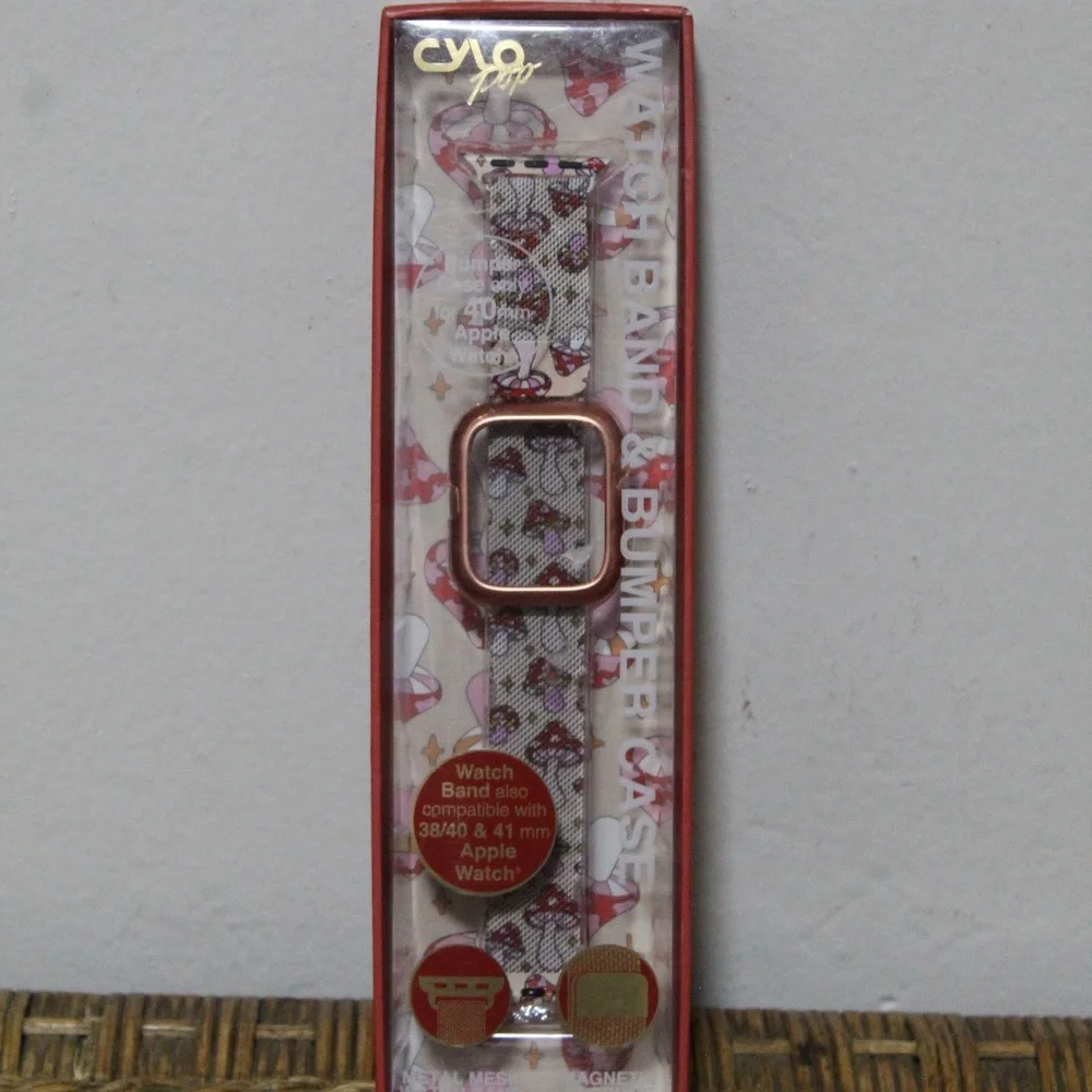 Cylo Pop. Mushroom Print. Metal Mesh Watch Band & Bumper Case. for Apple 41mm.
